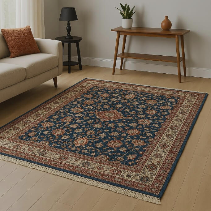 Barbers Flooring | Products Image | showing a blue patterned Rug