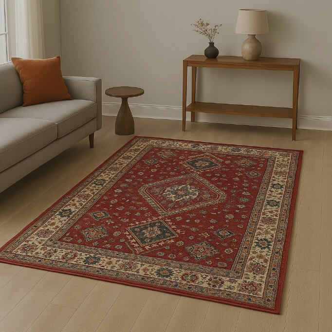 Barbers Flooring | Products Image | showing a red patterned Rug