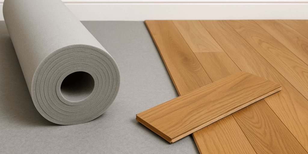 Barbers Flooring | An image showing a roll of underlay next to wooden flooring pieces